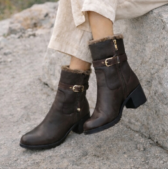 Blondo Shoes - Blondo Dark Brown Fur-Trim Buckle Ankle Boots
